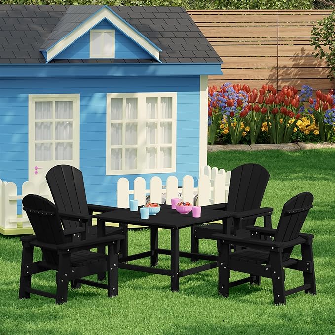 Costaelm Paradise Kids 5-Piece HDPE Outdoor Square Patio Dining Table and Chairs Set, Black