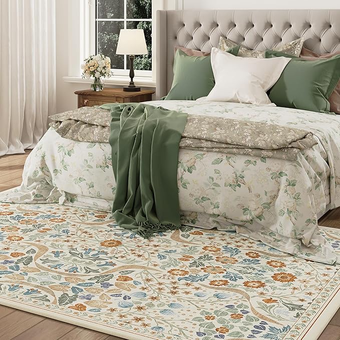 5x7 Floral Washable Area Rug for Living Room, Non-Slip Soft Vintage Boho Carpet, Botanical Forest Beige Low Pile Rugs for Bedroom, Dinning Room, Home Office, Dorm, Nursery, Beige