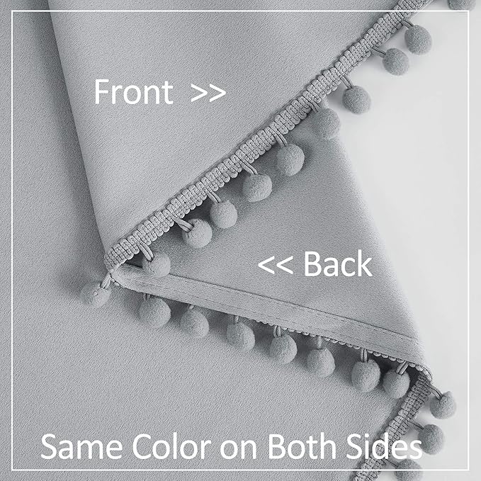Treatmentex Pom-Pom Grey Blackout Curtains 45inches Short Window Curtain Panel Set for Laundry Basement Drapes for Kids 2 Panels Rod Pocket