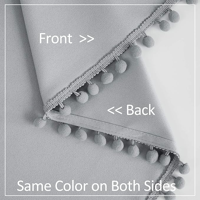 Treatmentex Pom Pom Grey Curtains for Bedroom Windows 84 inch Energy Efficient Thermal Insulated Living Room Darkening Curtain Panels Drapes Nursery Room Children 52" w x2 Panels Rod Pocket