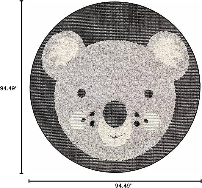Hauteloom Kids Room, Nursery Round Area Rug - Outdoor Patio Safe - Animal Koala Playroom Carpet - Gray, Black, Cream - 7'10"