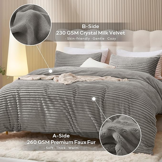 JELLYMONI Plush Duvet Cover Set - Queen Size Light Gray Striped Fluffy Comforter Cover 3pcs Bedding Set Luxury Ultra Soft Faux Fur Duvet Cover with Zipper and 2 Pillowcases (NO Comforter)