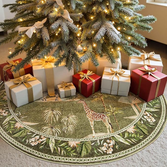 jinchan Round Rug 4ft Green Jungle Animals Print, Machine Washable 4' Circle Modern Soft Non-Slip Forest Plant Throw Area Rug Ultra-Thin Low Pile Christmas Carpet for Entryway Bedroom Kitchen Room