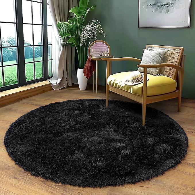 Fluffy Rug 5ft Round Black Super Soft Furry Rug for Kids Room, Shaggy Rug for Nursery Plush Rug for Living Room