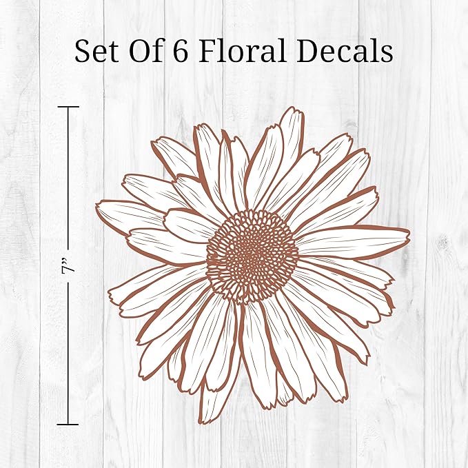 Boho Sunflower Wall Decals - Set of 6 7" Vinyl Flower Room Decor Peel and Stick Removable Floral Stickers for Nursery Bedroom Bathroom