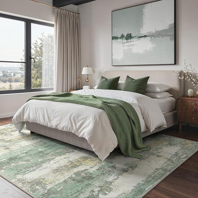 GENIMO Abstract Area Rug 6x9, Washable Large Modern Rug Non Slip, Low Pile Lightweight Soft Carpet for Living Room, Bedroom, Dining Room, Light Green