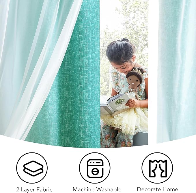 100% Blackout Curtains with Sheer Overlay Mix and Match Double Layer Drapes 96 Inch Long 2 Panels for Bedroom Living Room Teal White Ombre Grommet Window Treatment with Tiebacks