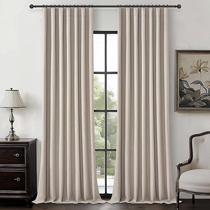 Grayish Flax Linen Blend Black Out Curtains 96 Inch Long for Living Room 2 Panels Set, Elegant Room Darkening Insulated Boho Window Drapes Bedroom Floor to Ceiling Traverse Track Curtain Light Tan