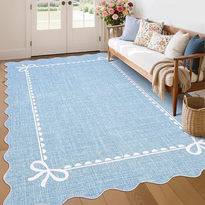 GarveeHome Scalloped Bow Rug for Living Room, Solid Blue Rug for Dorm, Washable Rugs 6x9 Soft Low Pile Non Slip Scalloped Rugs for Nursery College Bedroom Decor Kids Room Playroom