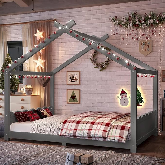 Full Size Wooden House Floor Bed - Kids Bed Frame with Roof & Support Slats for Bedroom, No Box Spring Needed, Easy Assembly (Grey)