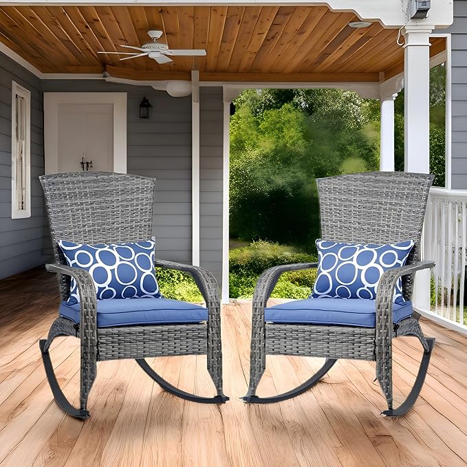 Outdoor Rocking Chair Set of 2 - Outdoor Glider Rattan Rocker Chair with Heavy Duty Steel Frame- All Weather Rocker Chair for Garden, Porch, Backyard, Poolside