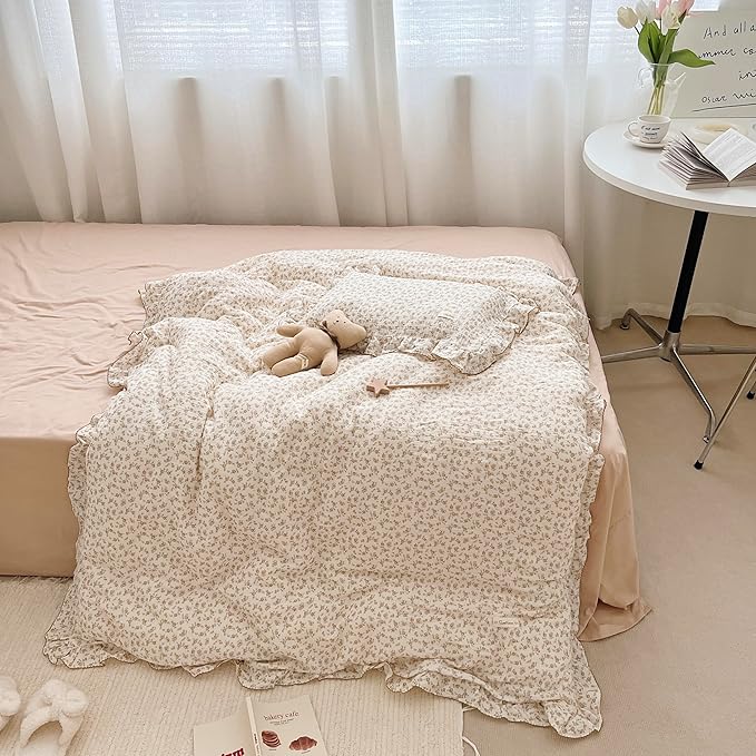 AOJIM Floral Muslin Duvet Cover for Girls Boys, 1 Piece Pure Cotton Toddler Bedding Duvet Cover with Ruffled Edge, Camellia Pattern Kids Comforter Cover 2-layer Gauze, 59X79'', No Quilt or Pillowcases
