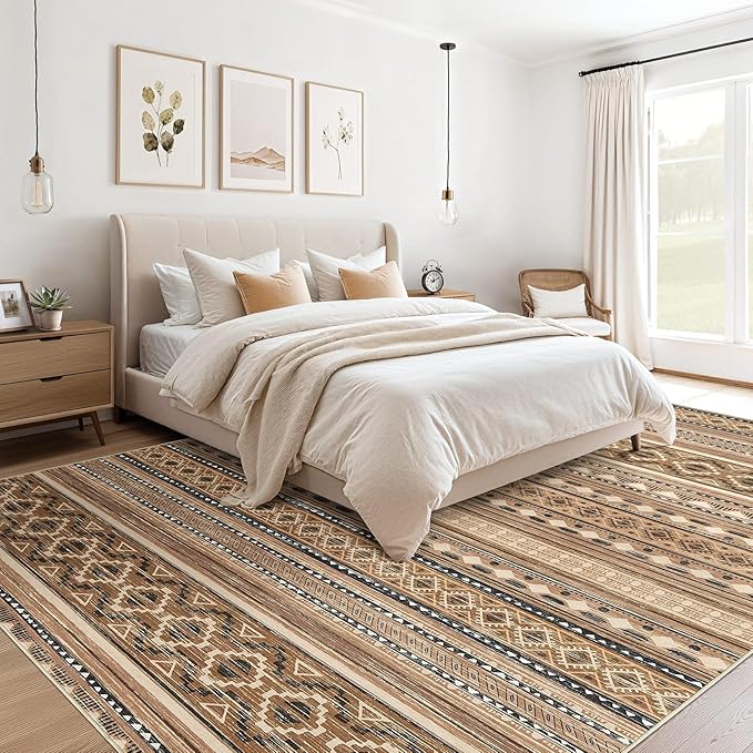 Area Rugs for Living Room Washable Living Room Rug Soft Neutral Indoor Floor Carpet Non-Slip Stain Resistant Modern Boho Rugs for Bedroom Dining Room Kids Room Nursery Office Home Brown/Beige
