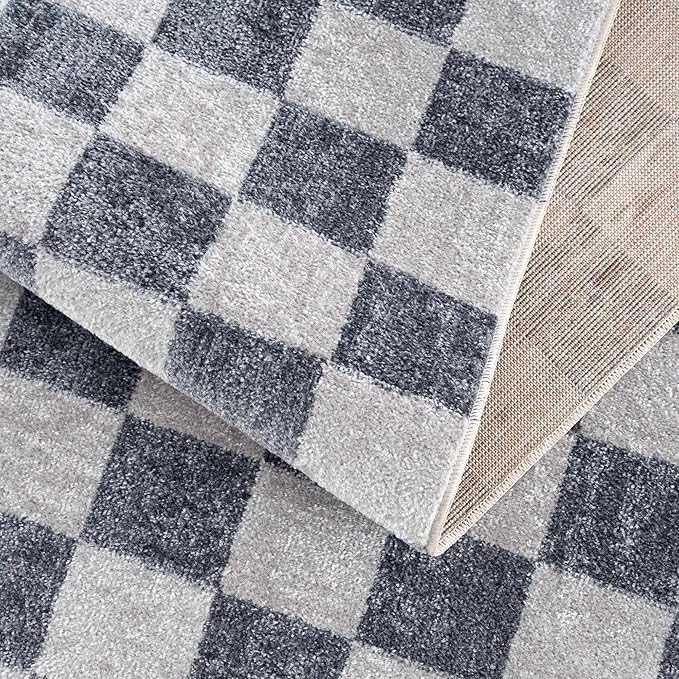 BoutiqueRugs Alia Modern Checkered Runner Rug - Contemporary Geometric Carpet for Hallway, Nursery, Playroom, Girls Boys Room - Machine Washable - Ivory, Blue, Gray - 2'7" x 10' Runner