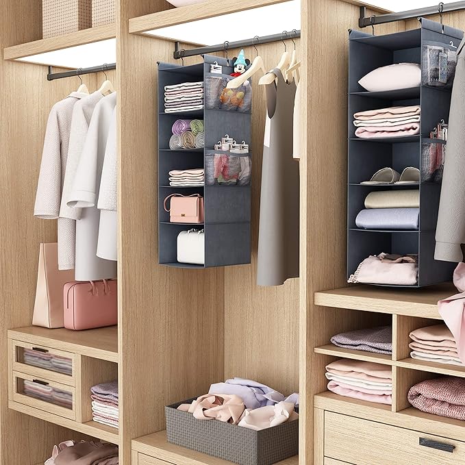 MAX Houser 5 Shelf Hanging Closet Organizer, Space Saver, Cloth Hanging Shelves with 4 Side Pockets, Foldable, Grey