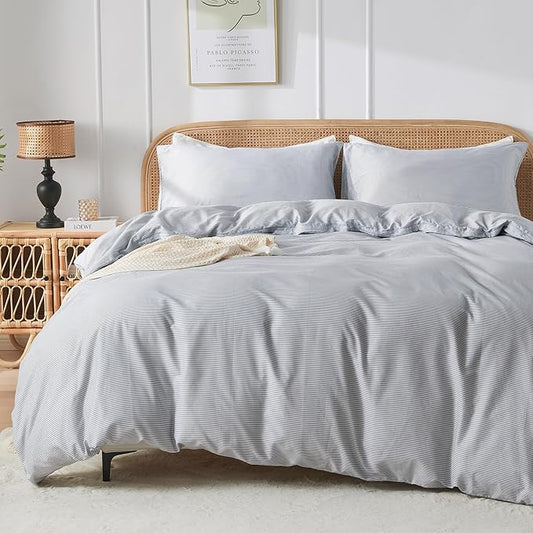 JELLYMONI 100% Natural Cotton 3pcs Striped Duvet Cover Sets,Blue Duvet Cover with Thin White Stripes Pattern Printed Comforter Cover,with Zipper Closure & Corner Ties(King Size)