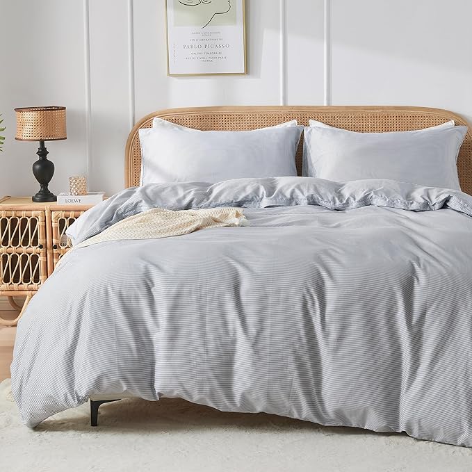 JELLYMONI 100% Natural Cotton 3pcs Striped Duvet Cover Sets,Blue Duvet Cover with Thin White Stripes Pattern Printed Comforter Cover,with Zipper Closure & Corner Ties(Queen Size)