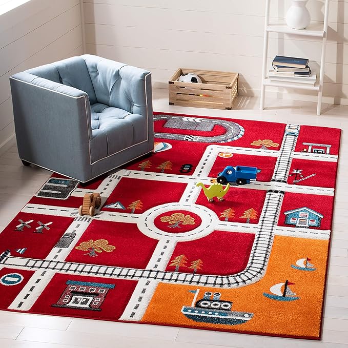 SAFAVIEH Carousel Kids Collection Area Rug - 9' x 12', Red & Ivory, Non-Shedding & Easy Care, Ideal for High Traffic Areas for Boys & Girls in Playroom, Nursery, Bedroom (CRK192Q)