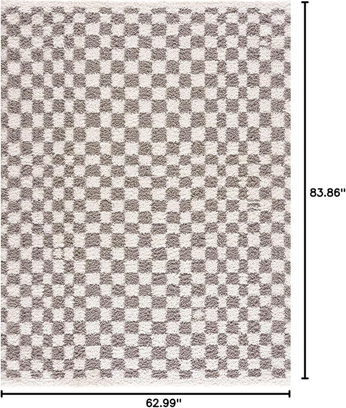 Hauteloom Kieu Contemporary Checkered Fluffy Shag Area Rug - Modern Geometric Soft Carpet Tiles for Living Room, Kids Room, Nursery - Gray, Light Grey, White - 5'3" x 7'