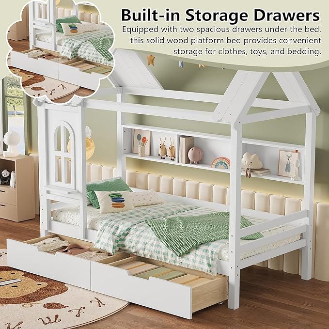 Twin House Bed with Drawers and Window, Solid Wood House Platform Bed with Shelves, Twin Bed Frame with House-shaped Roof for Kids, Boys, Girls, No Box Spring Needed and Childlike Design, White