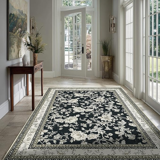 Floral Boho Rug 4x6 Washable Non Slip Area Rug Bohemian Carpet Door Mat Black Beige Taupe Floral Distressed Modern Farmhouse Sketch Style Flower for Bedroom Foldable 4x6 for Entryway Living Room