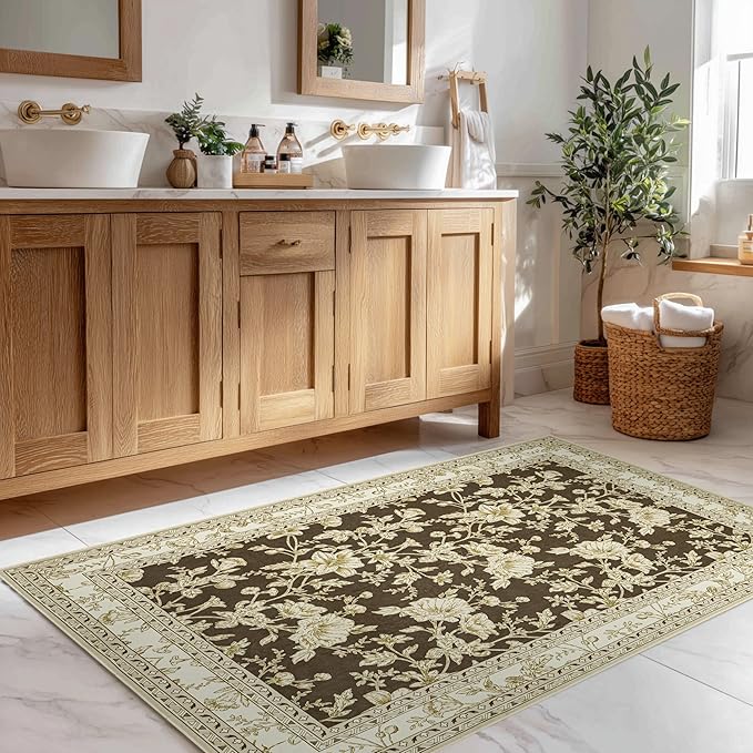 Brown Floral Print Area Rugs for Bedroom Living Room Boho Farmhouse Country Rustic Dining Room Carpet Soft Washable Rugs Non Slip Floor Covering for Nursery Playroom 2x3