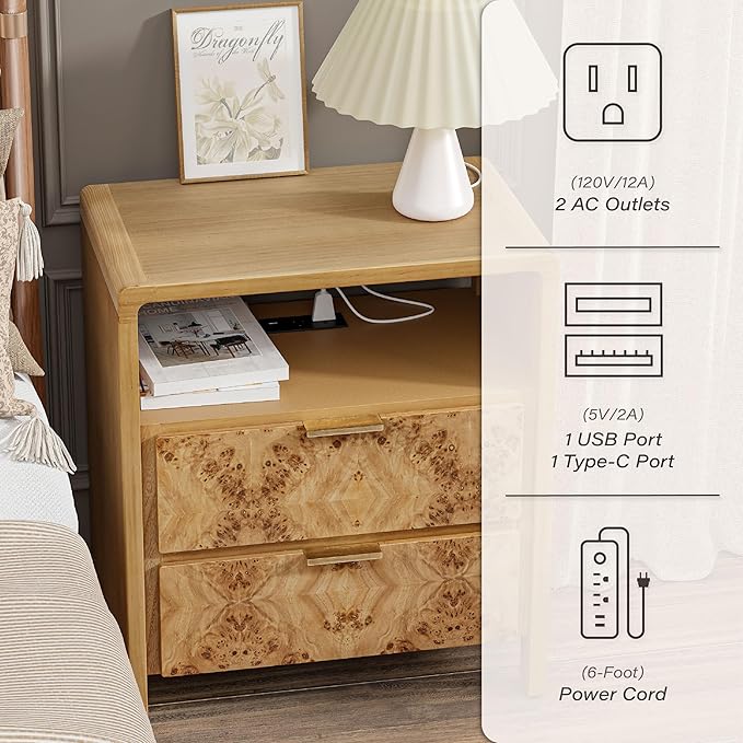 LONYKE Burl Finish Nightstand with Charging Station, Side Table with Power Outlet and USB & Type C Ports, Wood Bedside Table for Bedroom, Fully Assembled, Rustic, Natural, Farmhouse