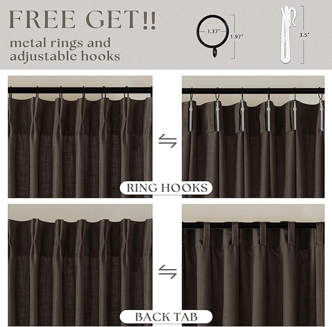 Dark Chocolate Pinch Pleated Linen Curtains 96 Inches Long 2 Panels for Living Room Bedroom Memory Training Brown Semi Sheer Pleat Drapes with Hooks Rings Light Filtering Window Curtain 40x96