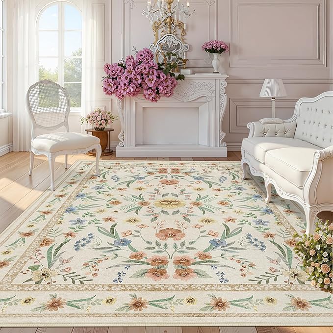 Beige Floral Area Rug 5x7,Neutral Washable Girls Bedroom Rug for Nursery, Playroom or Kids Room,Soft Non-Slip Carpet for Baby Room and Modern Home Decor