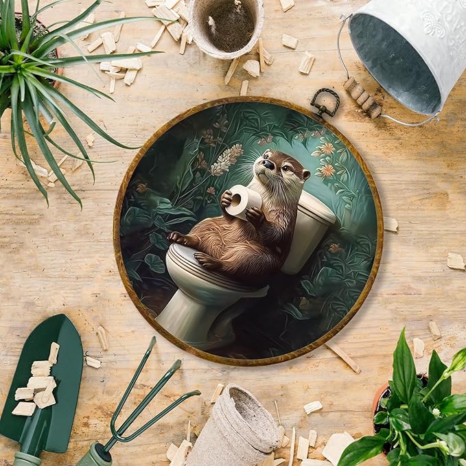 Hiuwevt Otter Toilet Bathroom Round Wall Art Decor, Funny Floral Sea Otter Hanging Canvas Prints Artwork Framed, Vintage Green Botanical Animal Circular Wall Decor for Bathroom, 10x10 Inch