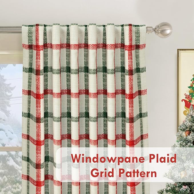 DriftAway 2 Panels 100% Blackout Windowpane Plaid Linen Curtains Double Layer Drapes for Bedroom 102 Inches Long Farmhouse Thermal Insulated 3.25 Inch Rod Pocket Back Tab for Living Room Red Green