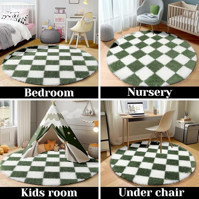 KICMOR Round Rug 4ft Olive Green and White Circle Area Rug, Fluffy Soft Fuzzy Shag Shaggy Bedroom Living Room Carpet, Indoor Checkered Circular Rugs for Kids Boys Girls Home Decor Aesthetic, Nursery