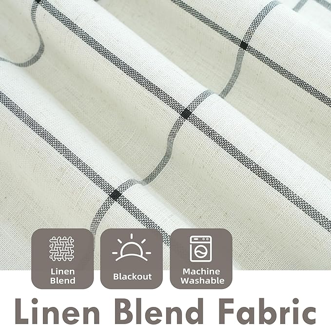 DriftAway 2 Panels 100% Blackout Windowpane Plaid Linen Curtains Double Layer Drapes for Bedroom 84 Inches Long Farmhouse Thermal Insulated 3.25 Inch Rod Pocket Back Tab for Living Room Black