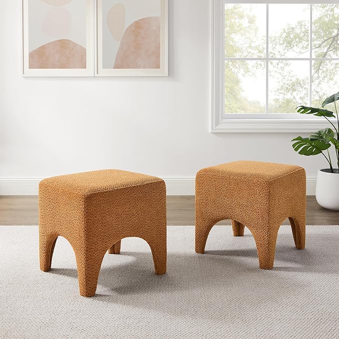 17" Boucle Modern Square Foot Stool Ottoman, Vanity Stool for Makeup, Rectangle Foot Rest for Couch, Upholstered Ottoman Stool for Living Room, Bedroom, Entryway (2, Curry)