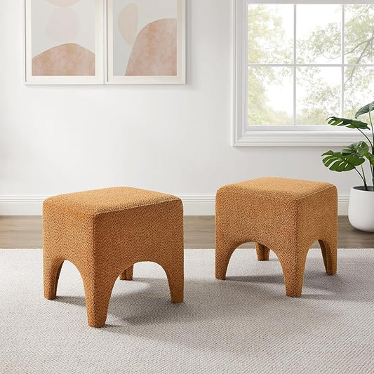 17" Boucle Modern Square Foot Stool Ottoman, Vanity Stool for Makeup, Rectangle Foot Rest for Couch, Upholstered Ottoman Stool for Living Room, Bedroom, Entryway (2, Curry)