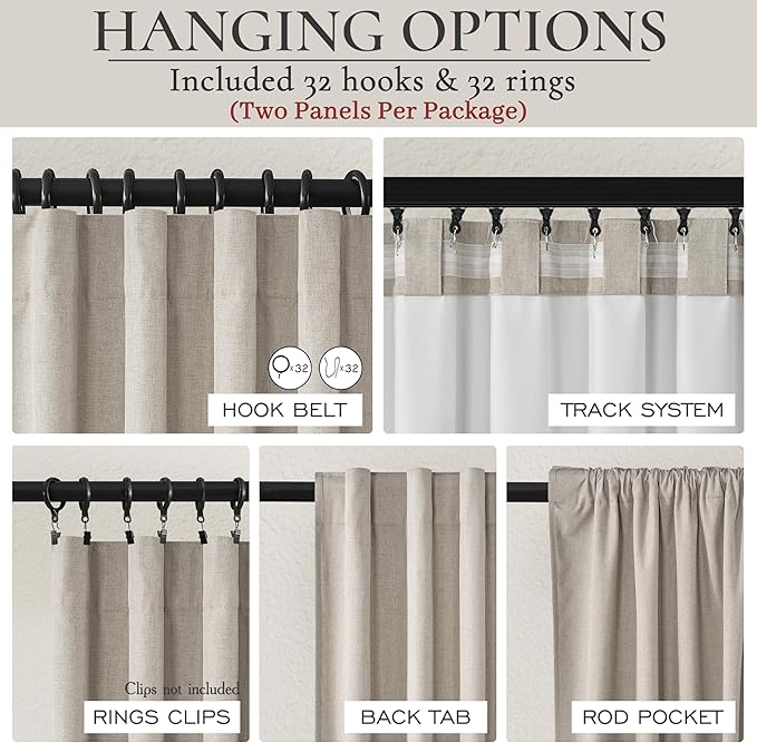 Grey Flax Extra Long Curtains 120 inch Length 2 Panels Set, Hook Belt&Rod Pocket White Backing Beige Taupe Thermal Living Room/Bedroom/Sliding Door Linen Blackout Window Summer Drapes (50"Wx120"Lx2 )