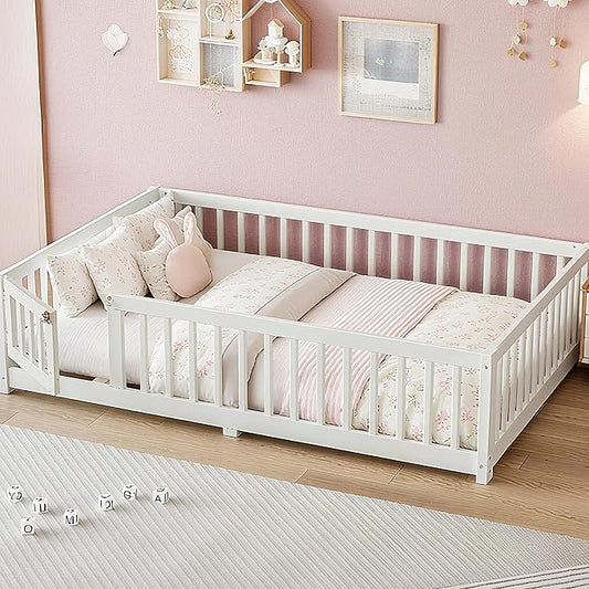 Bellemave Full Size Montessori Floor Bed Frame with Rails & Door, Solid Wood Kids Floor Bed Full with Removable Slats, Low Profile Montessori Bed for Children’s Sleep & Play, White