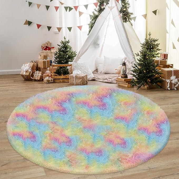 6 ft Large Fluffy Round Rug for Girls Bedroom,Soft Shaggy Rainbow Rugs Plush Fuzzy Circle Area Rug for Living Room Cute Kids Playroom Room Baby Toddler Nursery Colorful Home Decor Aesthetic