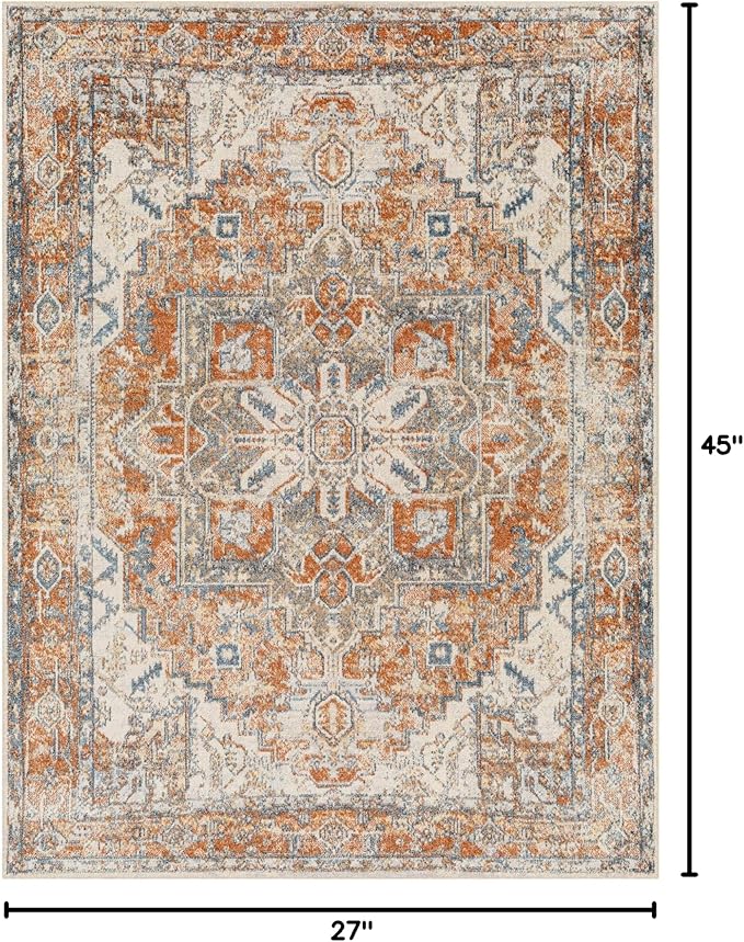 Mark&Day Washable Rugs, 2x4 Dry Ridge Traditional Rust Area Rug, Orange Blue Ivory Carpet for Living Room, Bedroom or Kitchen (2'3" x 3'9", Machine Washable)