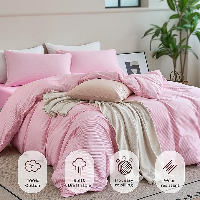 JELLYMONI 100% Natural Cotton 3pcs Striped Duvet Cover Sets,White with Pink Stripes Pattern Printed Comforter Cover,with Zipper Closure & Corner Ties(King Size)