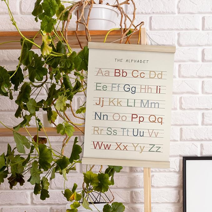 HRQKO Alphabet Numbers Poster Hanger Frame Set of 2, Nursery Wall Decor, ABC Banner Poster Wall Art with Wooden Frames, Alphabet Banner Wall Hanging Decor for Toddler Playroom Nursery, 12x16 Inch