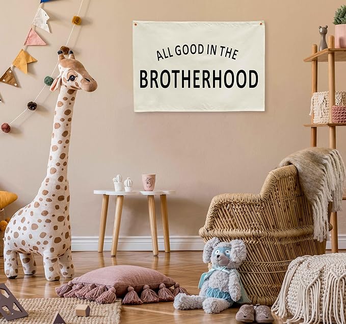 Nursery Rectangular Canvas Banner-Boho Flag Wall Sign for Boys Kids Brother,Baby Room Above Crib Playroom Reading Room Bedroom Decor-All Good in The Brotherhood-Baby Shower Birthday Christmas Gift