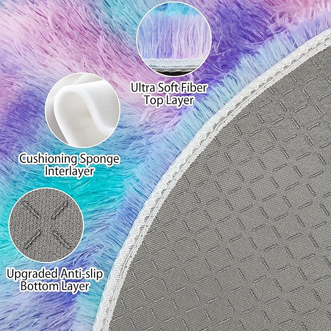 3x3 ft Small Fluffy Purple Rainbow Kids Rug for Girls Bedroom,Tie Dye Colorful Soft Shag Carpet Round Plush Shaggy Circle Area Rug Pink for Girls Room Nursery Baby Playroom Unicorn Home Decor