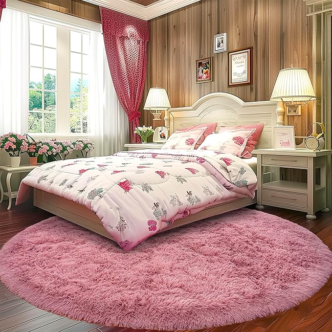 Round Fluffy Carpet 6FT Blush - Super Soft Circle Rug for Kids Room - Shaggy Circular Rug for Nursery