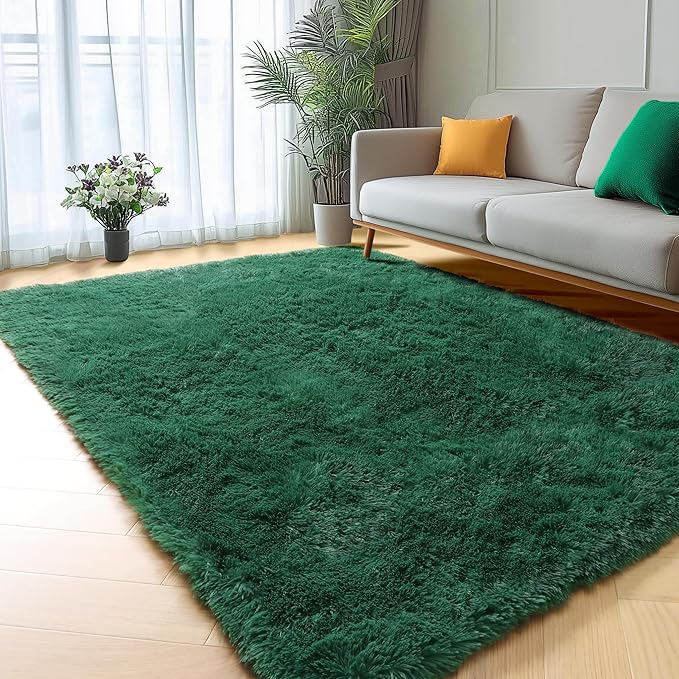 ONASAR Dark Green Area Rugs for Bedroom Living Room, 4x6 Rug, Fluffy Soft Plush Shaggy Bedside Throw Rug, Washable Indoor Floor Carpets for Nursery Kids Girls Boys Teen Dorm Playroom Home Decor