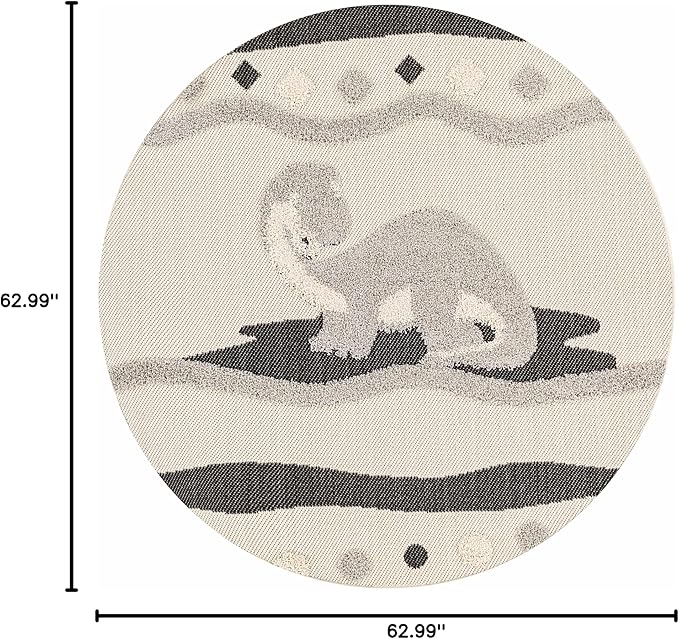 Hauteloom Kids Room, Nursery Round Area Rug - Outdoor Patio Safe - Animal Dinosaur Playroom Carpet - Beige, Gray, Black, Cream - 5'3"