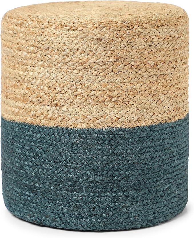 REDEARTH · Cylindrical Pouf Foot Stool Ottoman - Jute Braided Pouffe Poof Accent Sitting Footrest for Living Room, Bedroom, Nursery, Patio, Lounge Set of 2 (Natural Teal, 14.5"X14.5"X16")