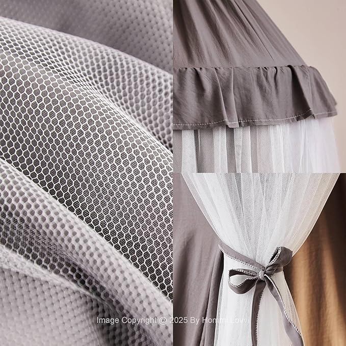 Double Layers Bed Canopy with Star Lights, 3 Pieces Layers Canopy for Girls Bed, Princess Round Dome Dreamy Play Tent, Hanging Kids Reading Nook Mosquito Net, Machine Washable - Gray