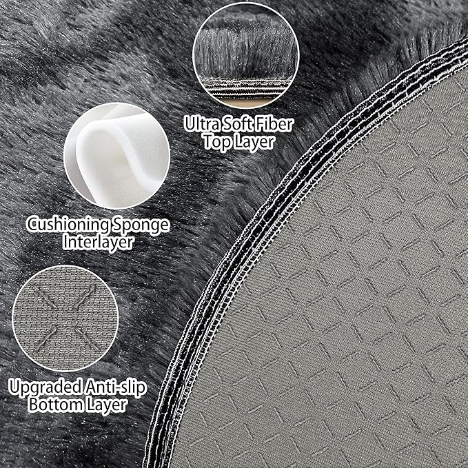 2 ft Small Black and Grey Round Rug for Bedroom,Tie Dyed Soft Shaggy Circle Rug Fluffy Plush Round Carpet for Kids Girls Boys Room Baby Nursery Living Room Playroom Home Décor Washable