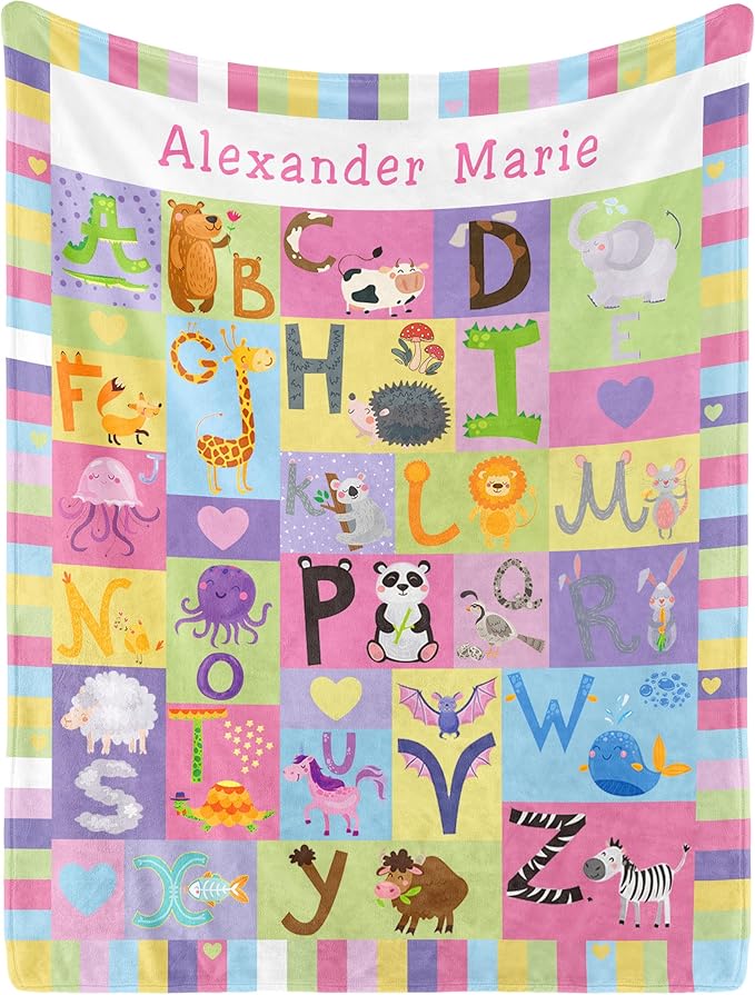 Personalized Baby Blanket with Name, Custom Name Blanket for Kids Soft Flanne Blankets in Easter Personalized Baby Gifts for Infant Newborn Shower (Rainbow-1)